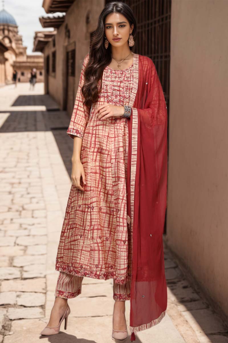 Red Silk Blend Abstract Printed Flared Suit Set VKSKD1959
