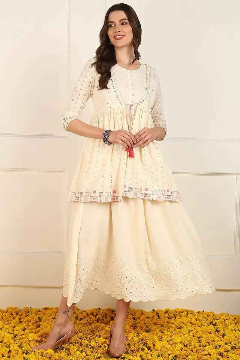 Cream Cotton Solid Empire Ethnic Style Dress With Shrug JPD1005CRM Ahika