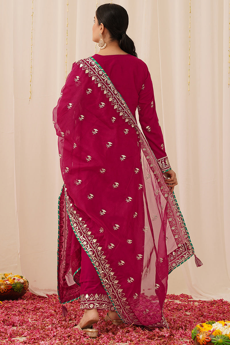 Pink Silk Blend Solid Yoke Design Straight Palazzo Suit Set PKSKD2490