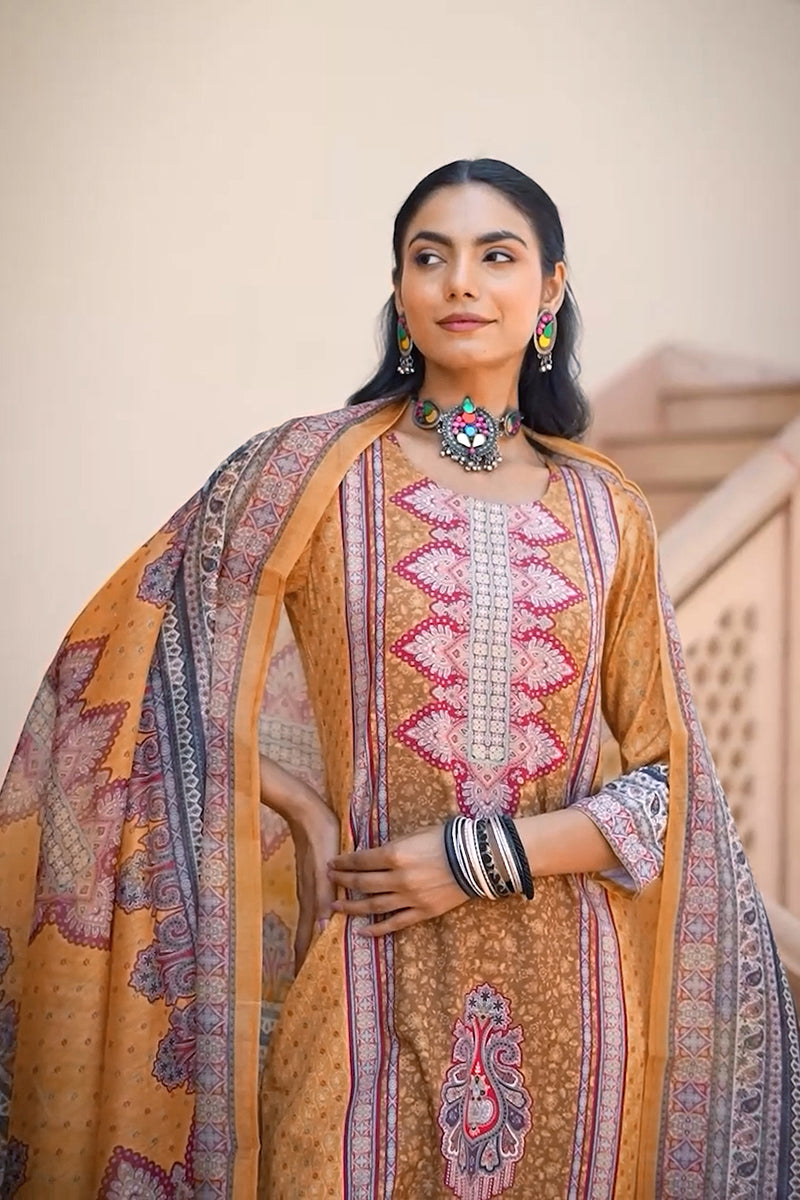 Yellow Rayon Blend Ethnic Motifs Printed Straight Kurta Trouser With Dupatta SKSKD3052