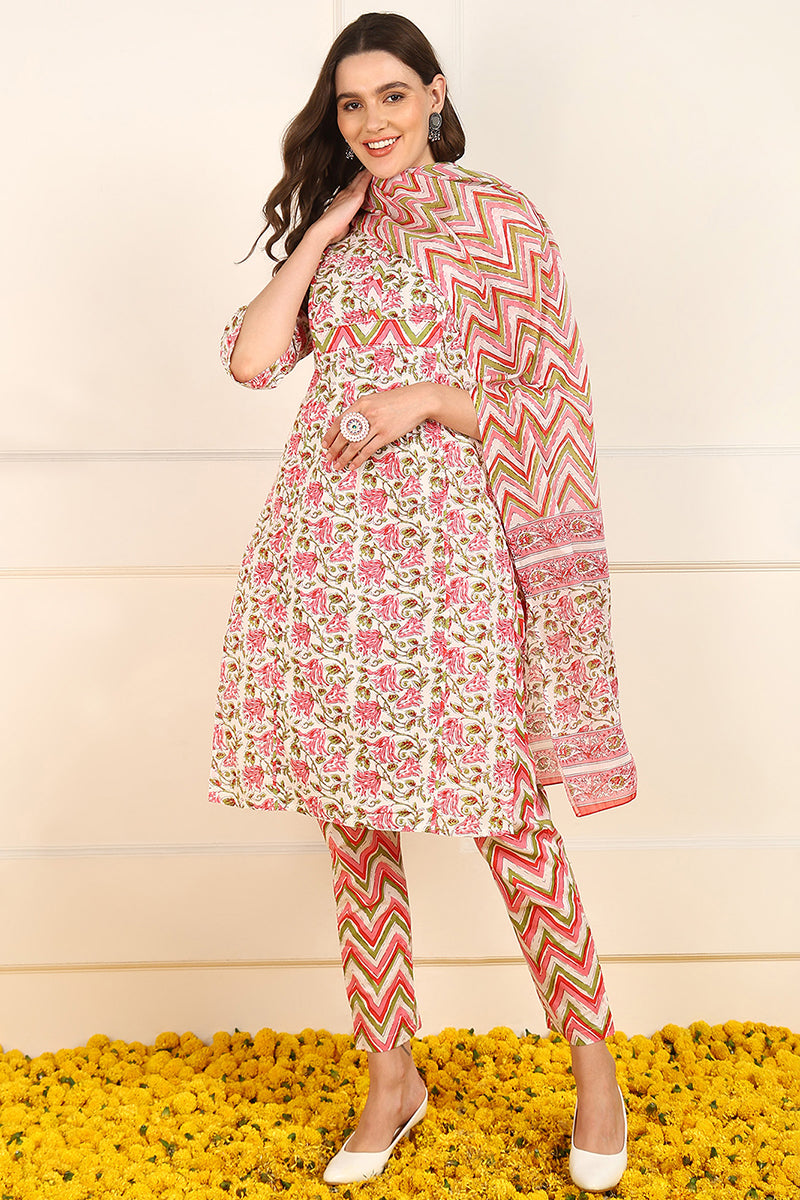 Pink Cotton Floral Printed Straight Suit Set JPSKD1014PNK