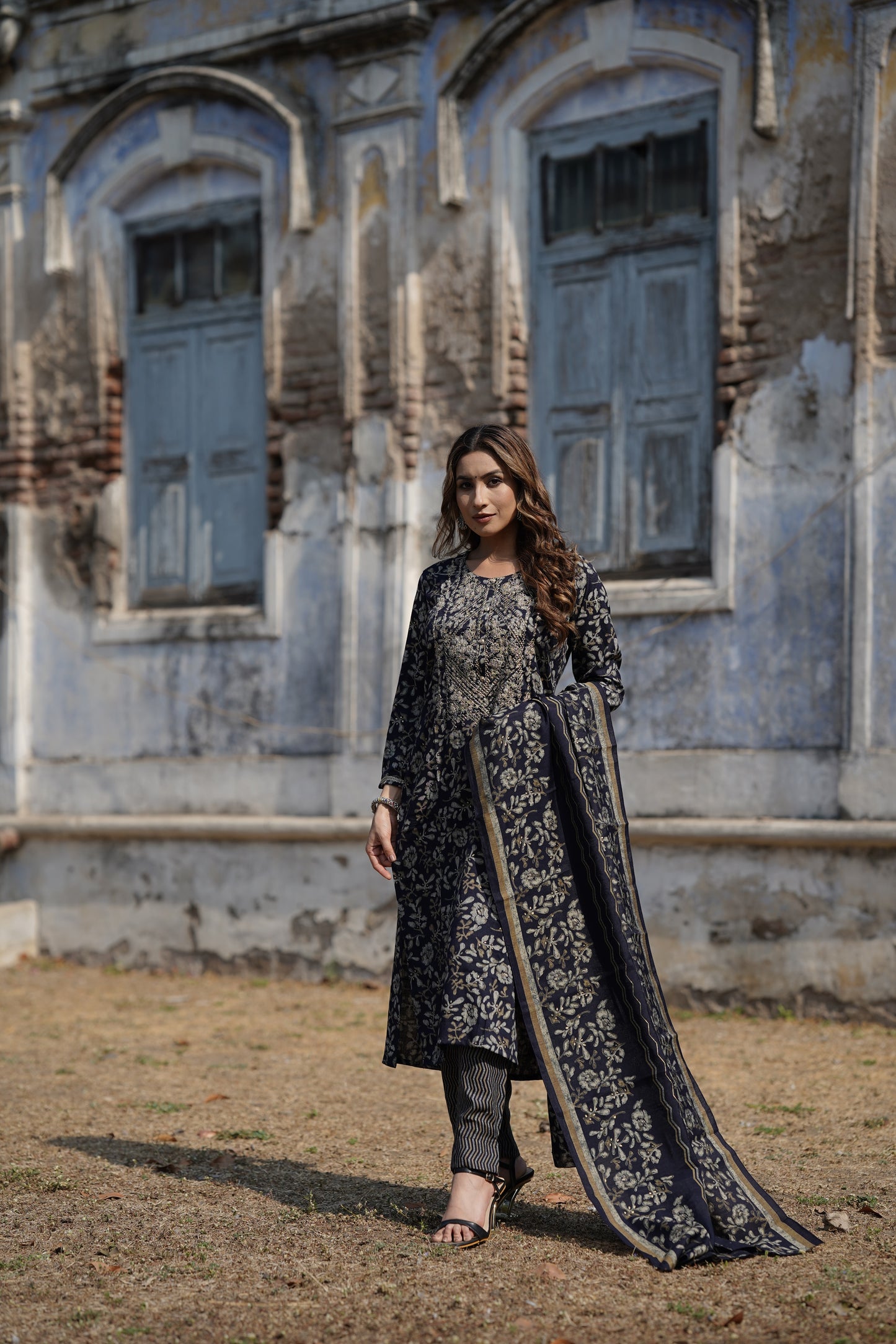 Black Silk Blend Floral Straight Kurta Trousers With Dupatta PKSKD1745