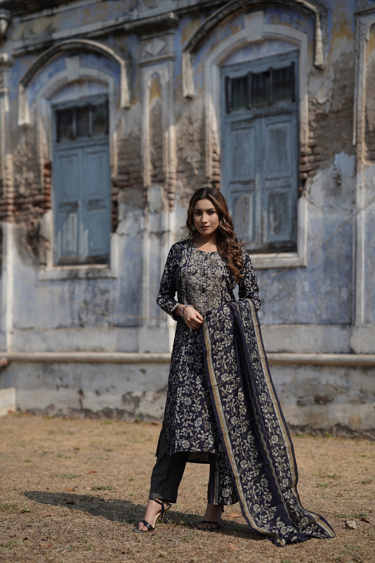 Black Silk Blend Floral Straight Kurta Trousers With Dupatta PKSKD1745