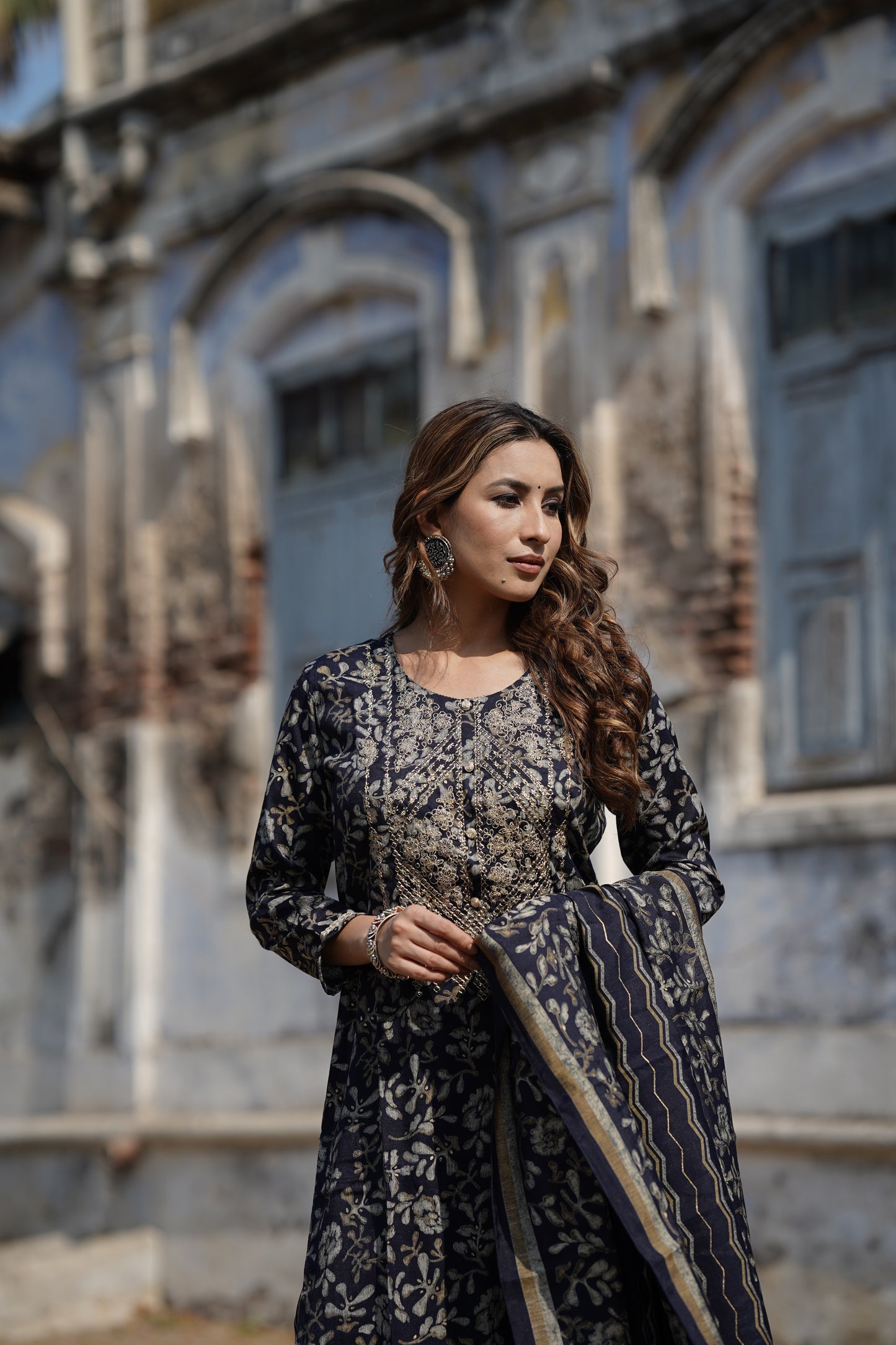 Black Silk Blend Floral Straight Kurta Trousers With Dupatta PKSKD1745