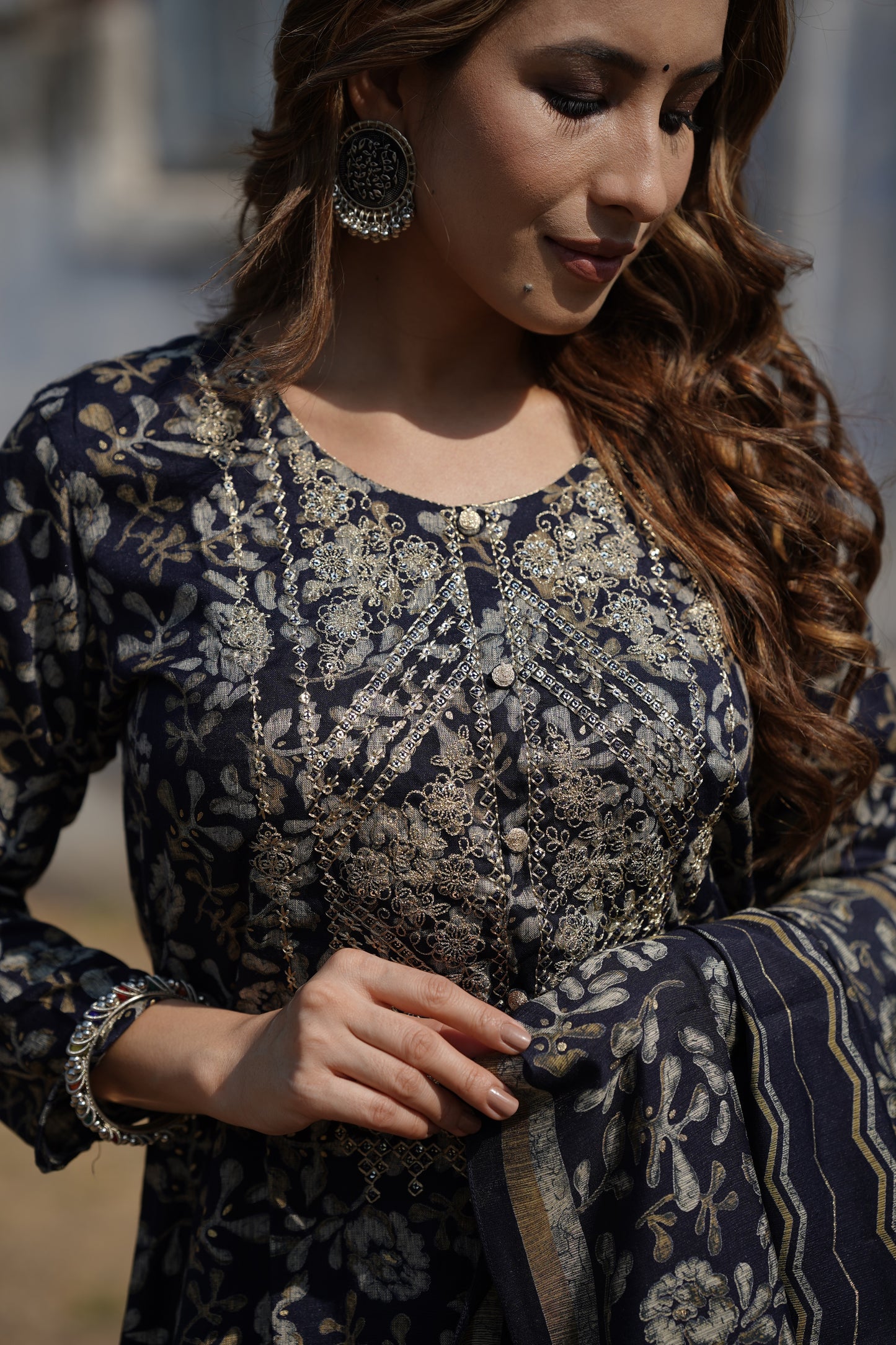 Black Silk Blend Floral Straight Kurta Trousers With Dupatta PKSKD1745