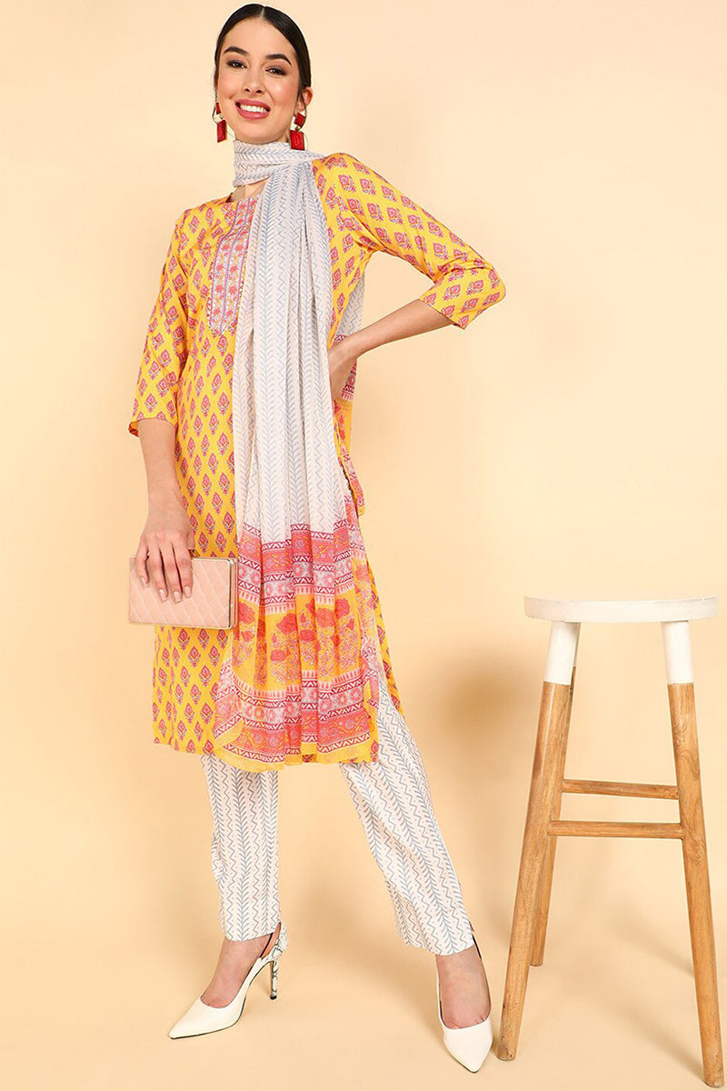Mustard Polyester Straight Kurta Pant With Dupatta PKSKD1066