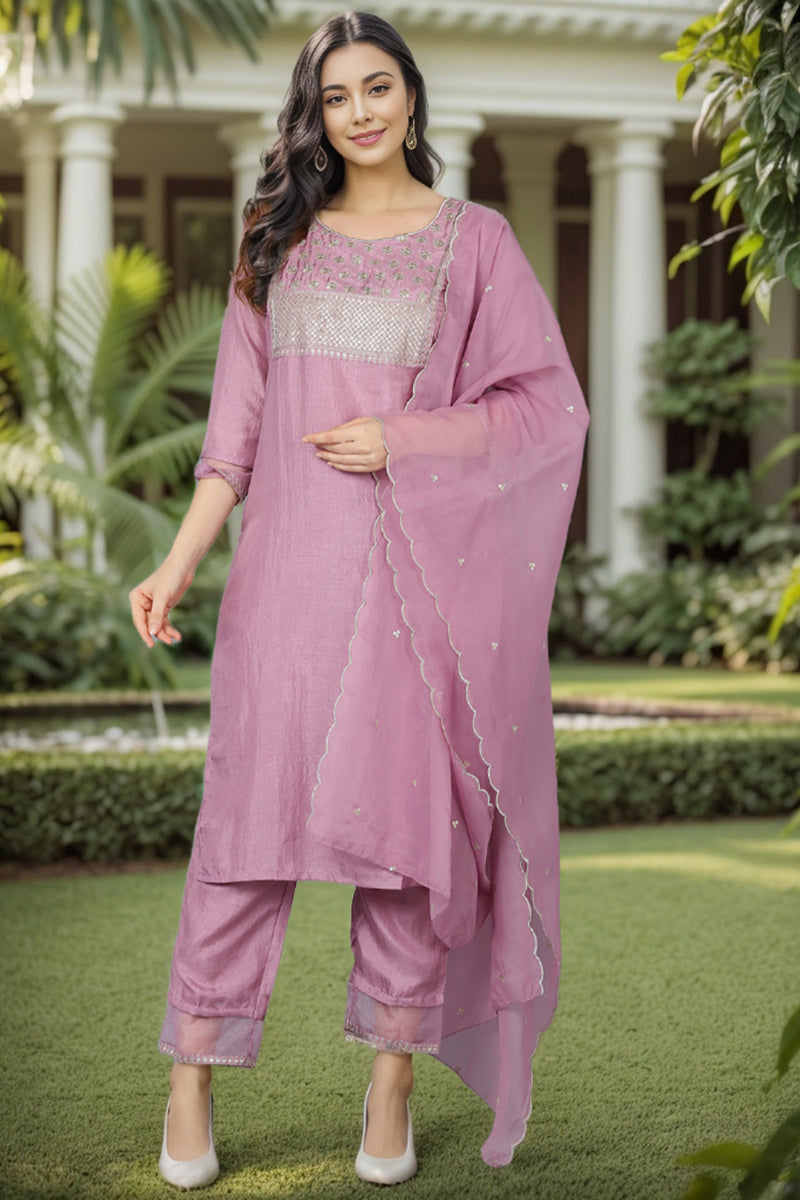 Mauve Poly Silk Solid Sequin Straight Suit Set PKSKD1158