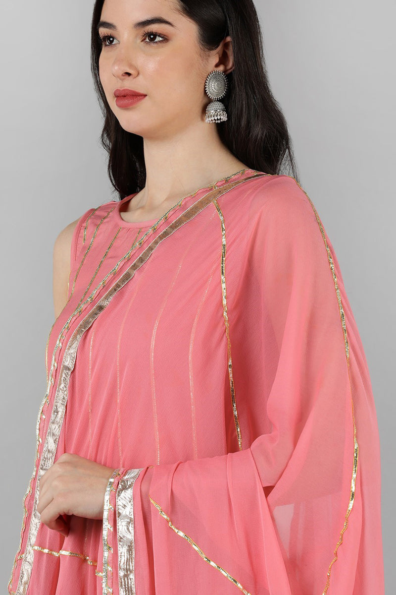 Pink Poly Silk Gotta Patti Anarkali Suit Set PKSKD1291