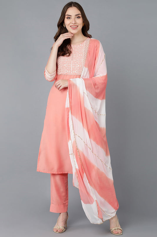 Peach Poly Silk Embroidered Straight Suit Set PKSKD1293