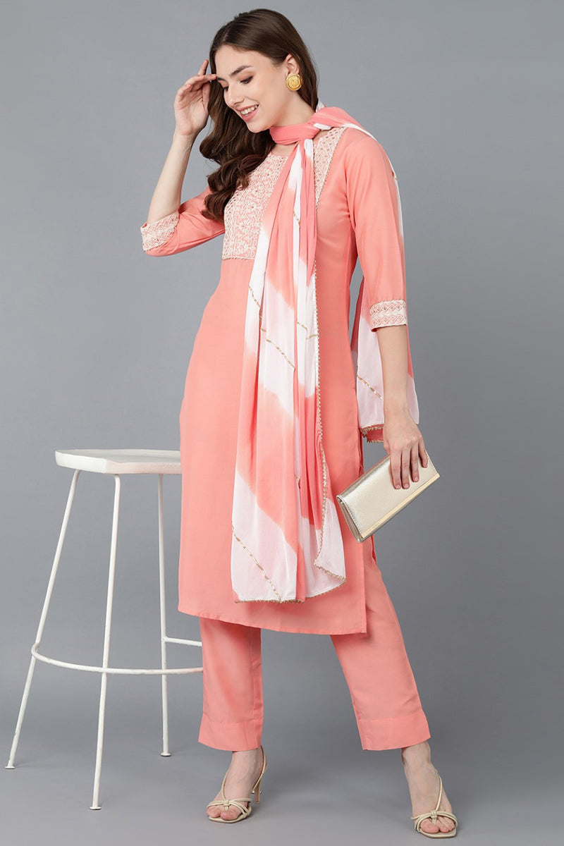 Peach Poly Silk Embroidered Straight Suit Set PKSKD1293