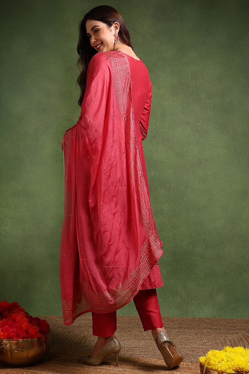 Rose Poly Silk Solid Yoke Design Kurta Trousers With Dupatta PKSKD1579