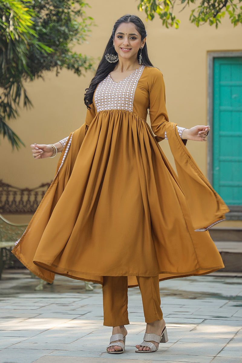 Mustard Poly Georgette Yoke Design Suit Set PKSKD1604