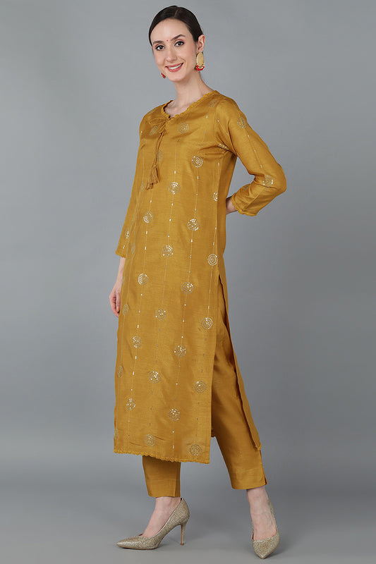 Mustard Yellow Silk Blend Ethnic Motifs Straight Suit Set PKSKD1613