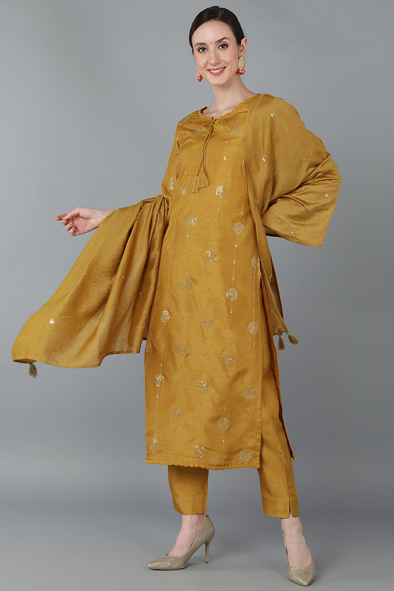 Mustard Yellow Silk Blend Ethnic Motifs Straight Suit Set PKSKD1613