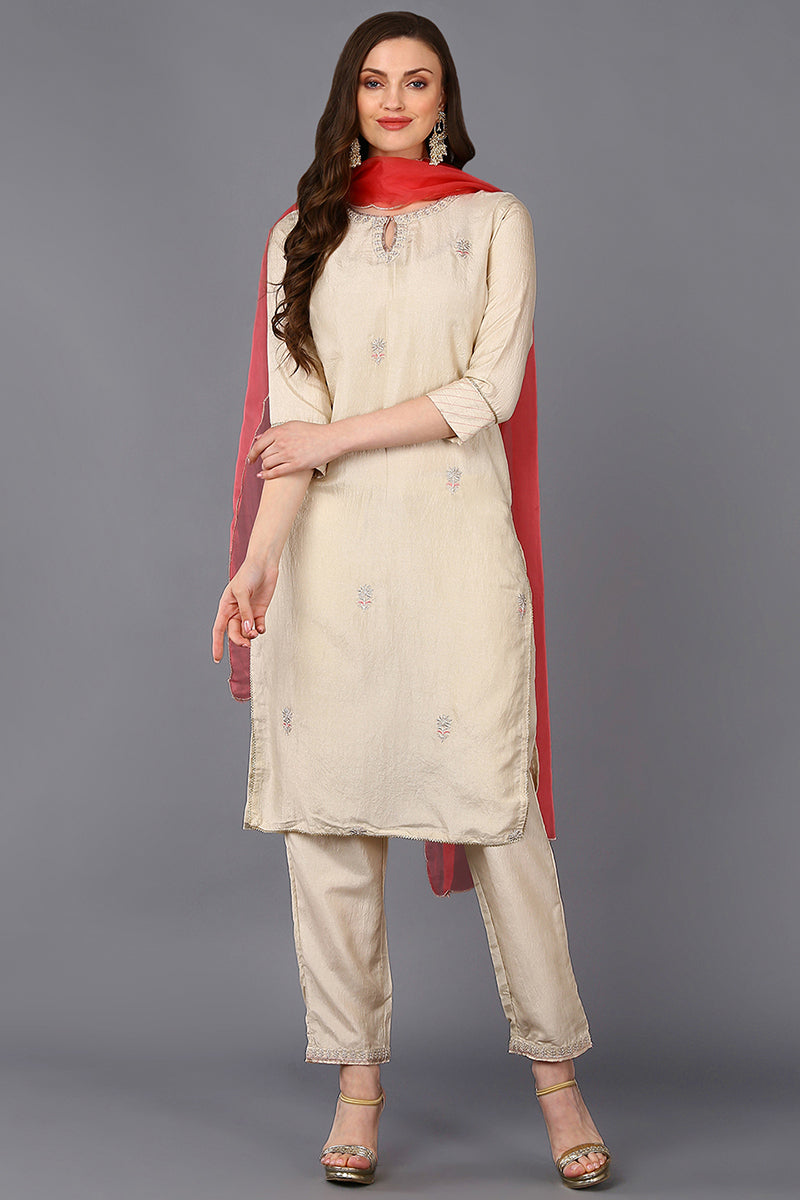 Poly Silk Beige Embroidered Straight Kurta Pant With Dupatta PKSKD1665
