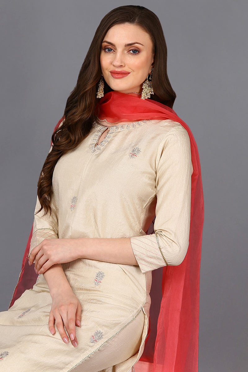 Poly Silk Beige Embroidered Straight Kurta Pant With Dupatta PKSKD1665