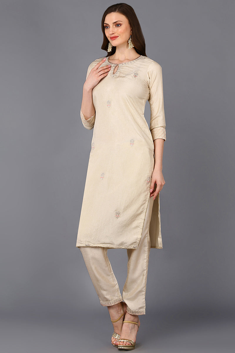 Poly Silk Beige Embroidered Straight Kurta Pant With Dupatta PKSKD1665