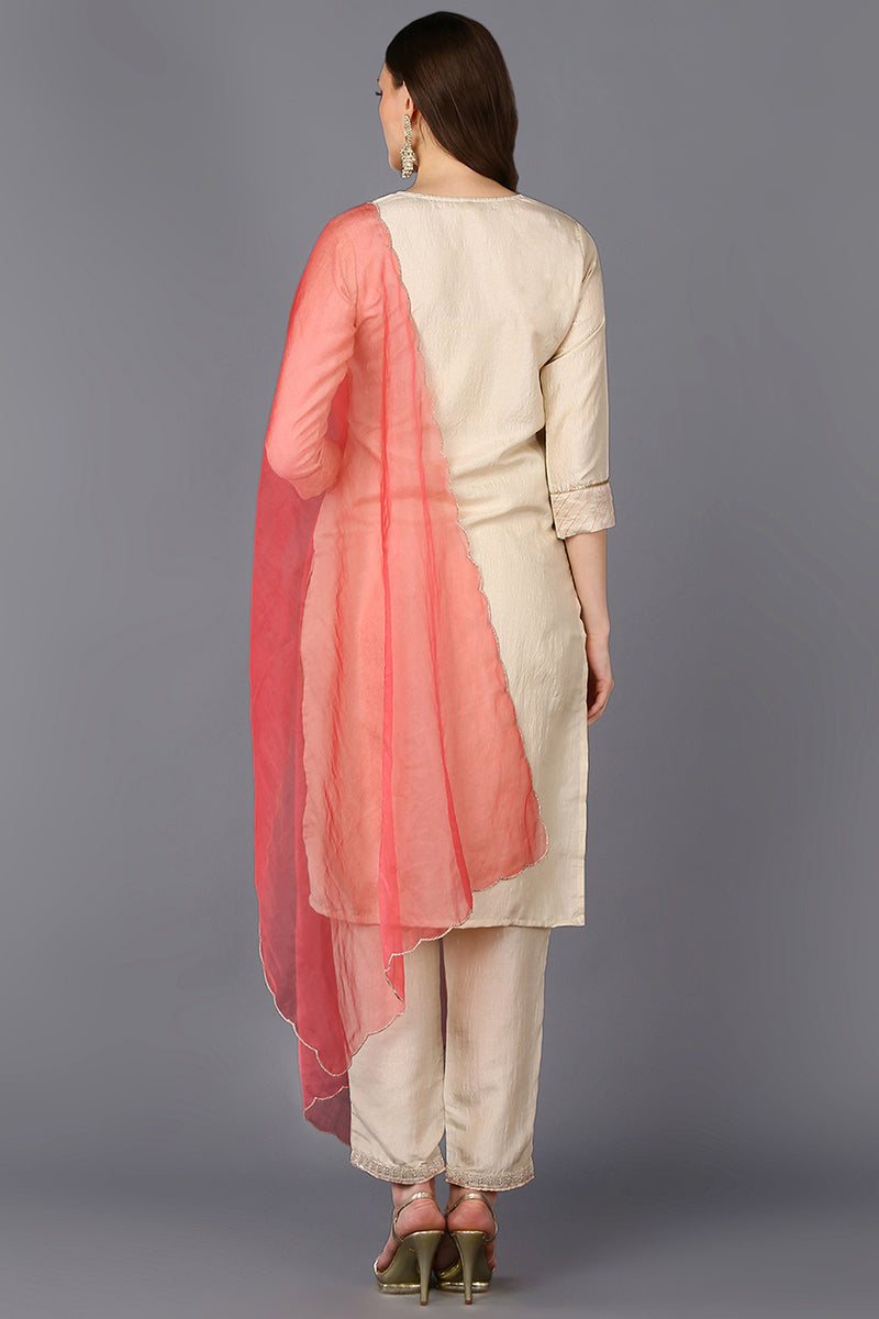 Poly Silk Beige Embroidered Straight Kurta Pant With Dupatta PKSKD1665