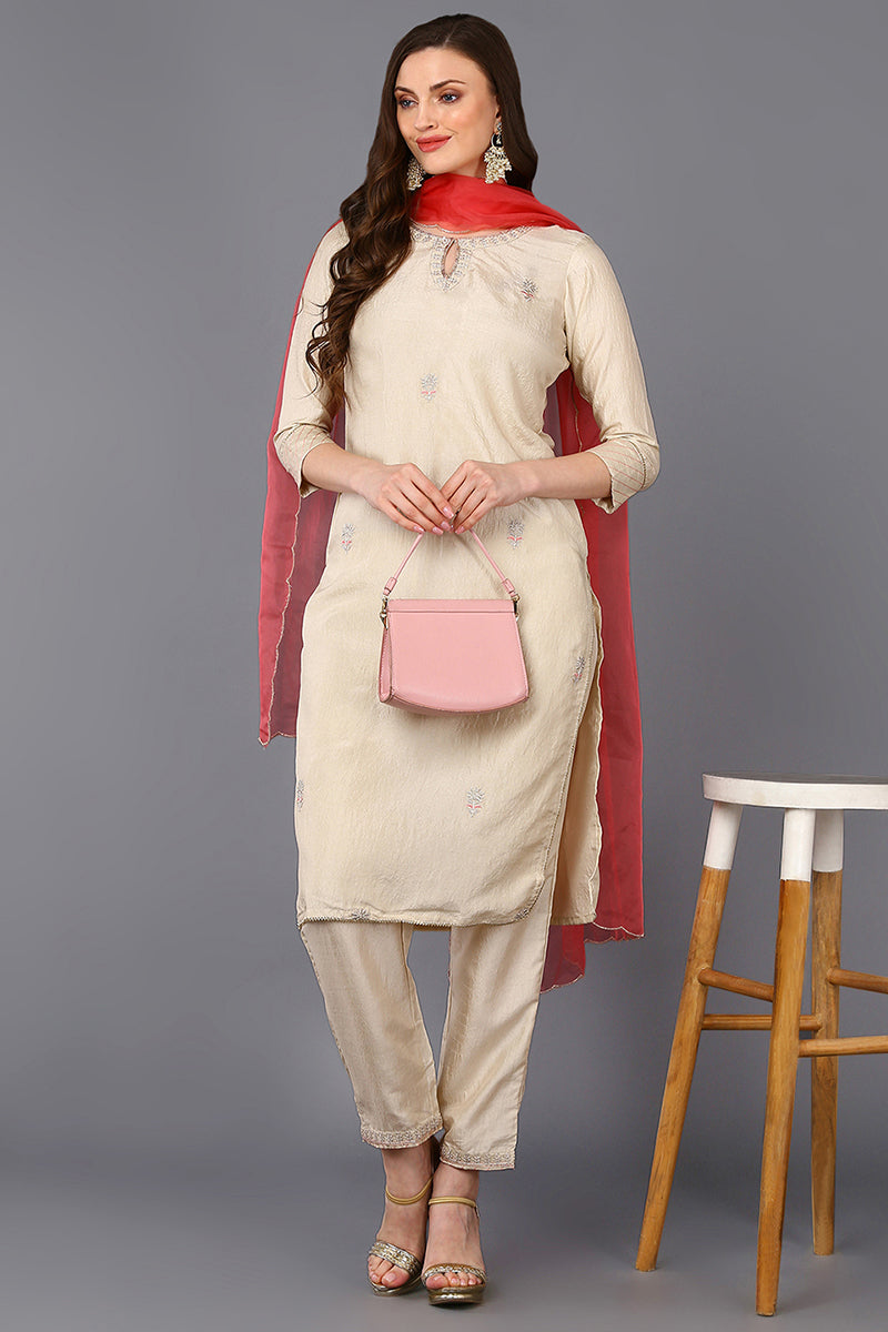 Poly Silk Beige Embroidered Straight Kurta Pant With Dupatta PKSKD1665