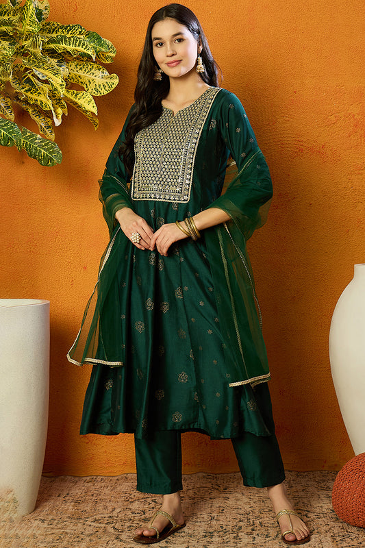 Green Silk Blend Woven Design Anarkali Suit Set PKSKD1709