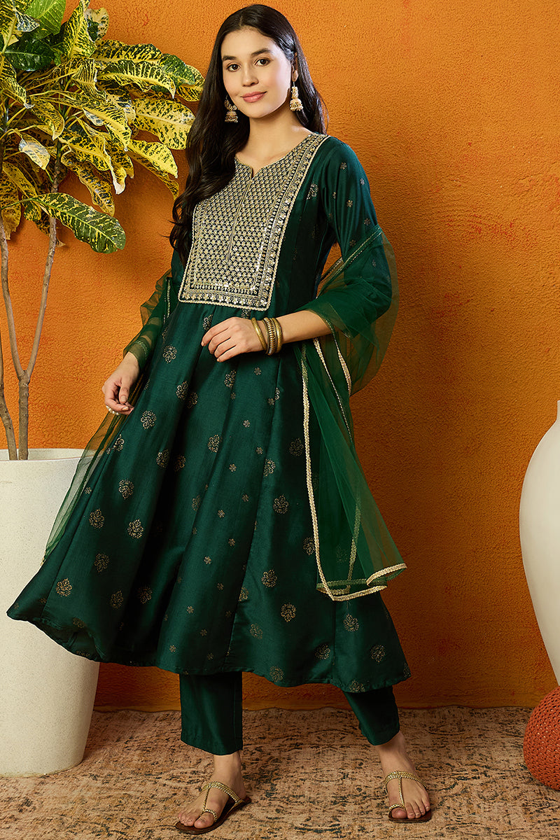 Green Silk Blend Woven Design Anarkali Suit Set PKSKD1709