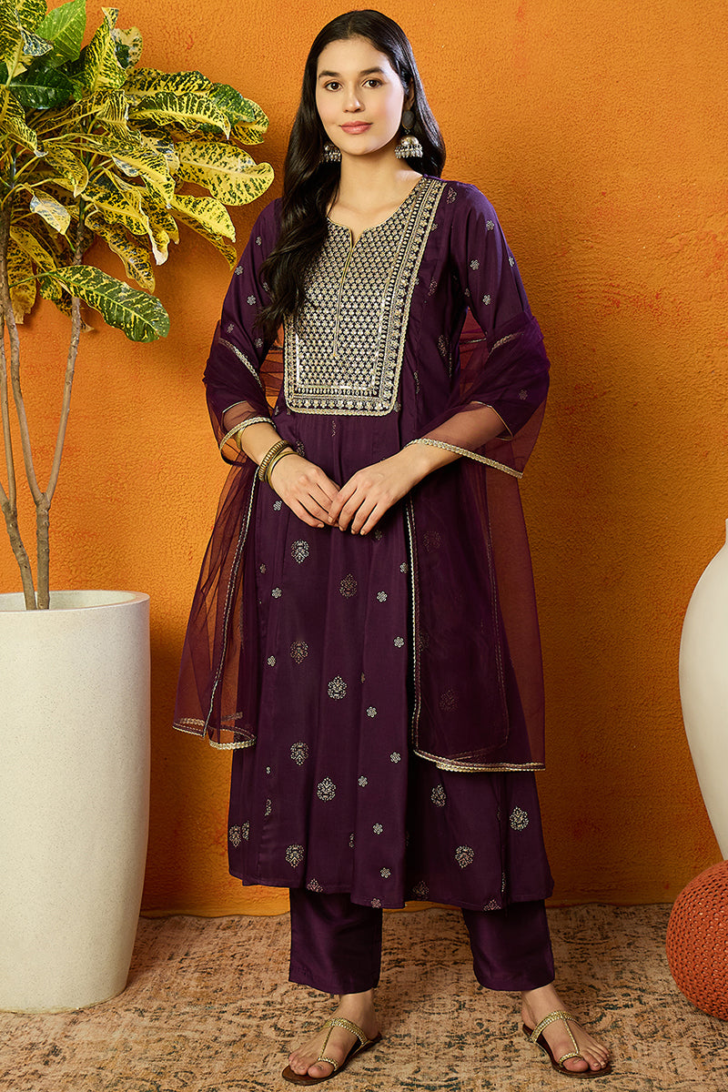 Purple Silk Blend Woven Design Anarkali Suit Set PKSKD1710