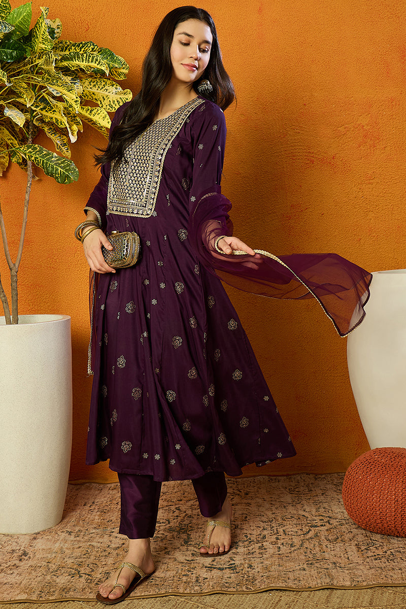Purple Silk Blend Woven Design Anarkali Suit Set PKSKD1710