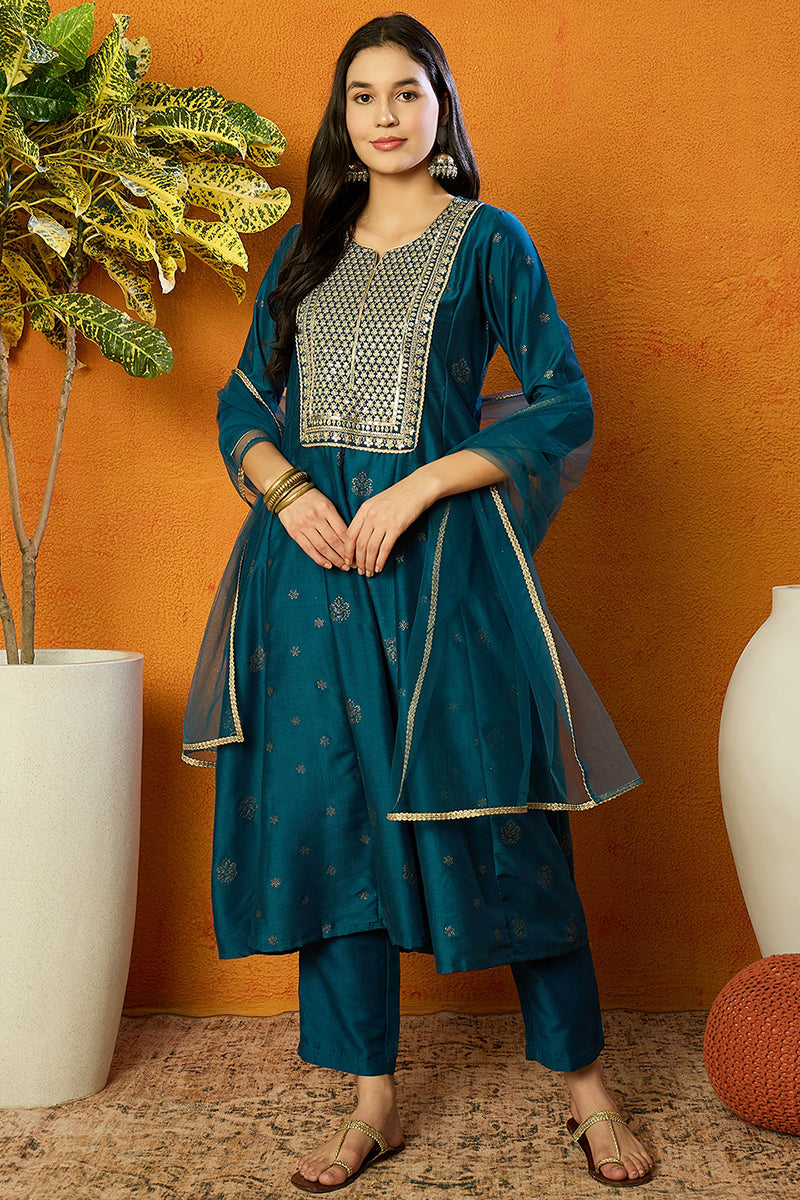 Teal Silk Blend Woven Design Anarkali Suit Set PKSKD1711
