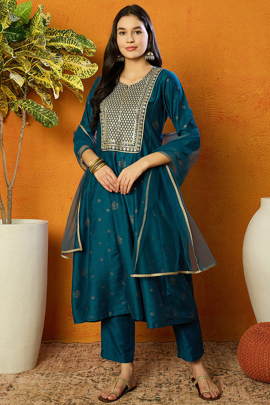 Teal Silk Blend Woven Design Anarkali Suit Set PKSKD1711