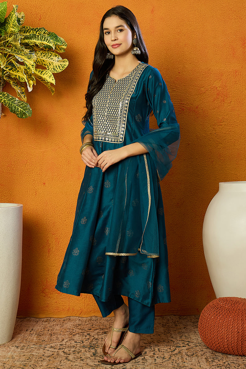 Teal Silk Blend Woven Design Anarkali Suit Set PKSKD1711