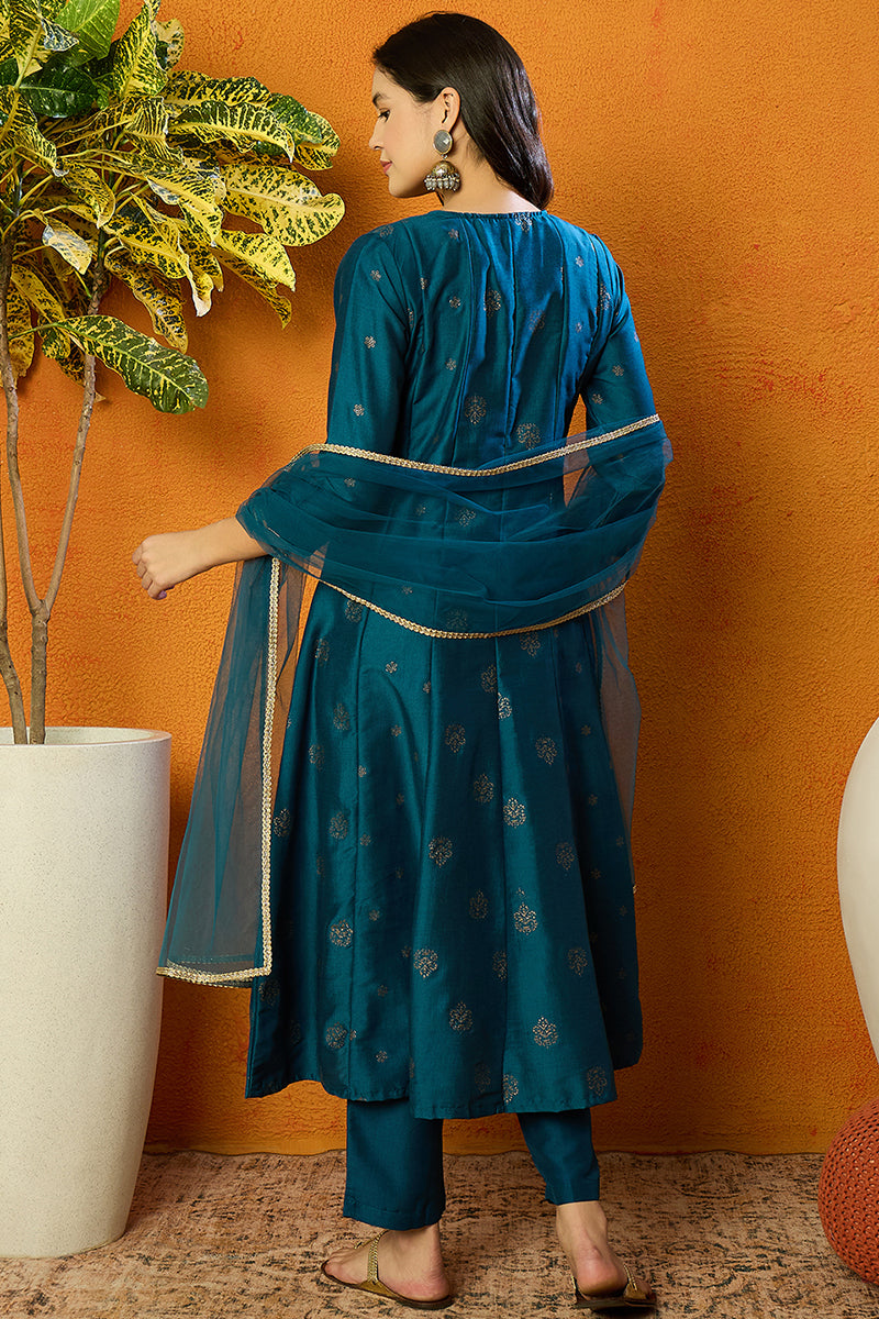 Teal Silk Blend Woven Design Anarkali Suit Set PKSKD1711