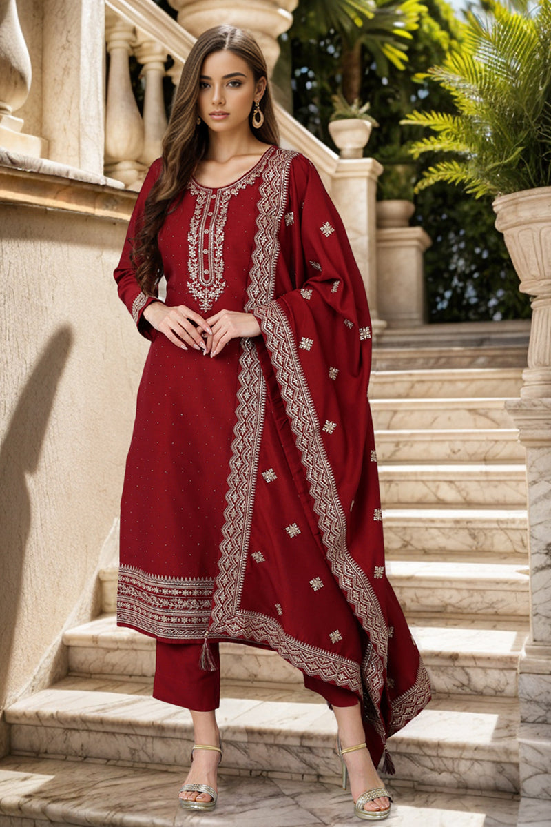 Maroon Silk Blend Solid Straight Kurta Trousers With Dupatta PKSKD1758