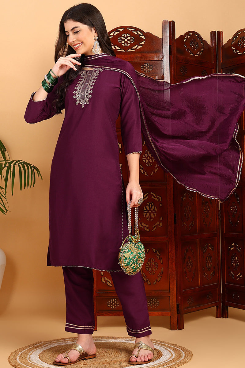 Silk Blend Burgundy Embroidered Straight Kurta Pant With Dupatta PKSKD1771