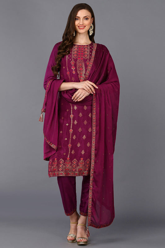 Poly Silk Maroon Embroidered Straight Suit Set PKSKD1779