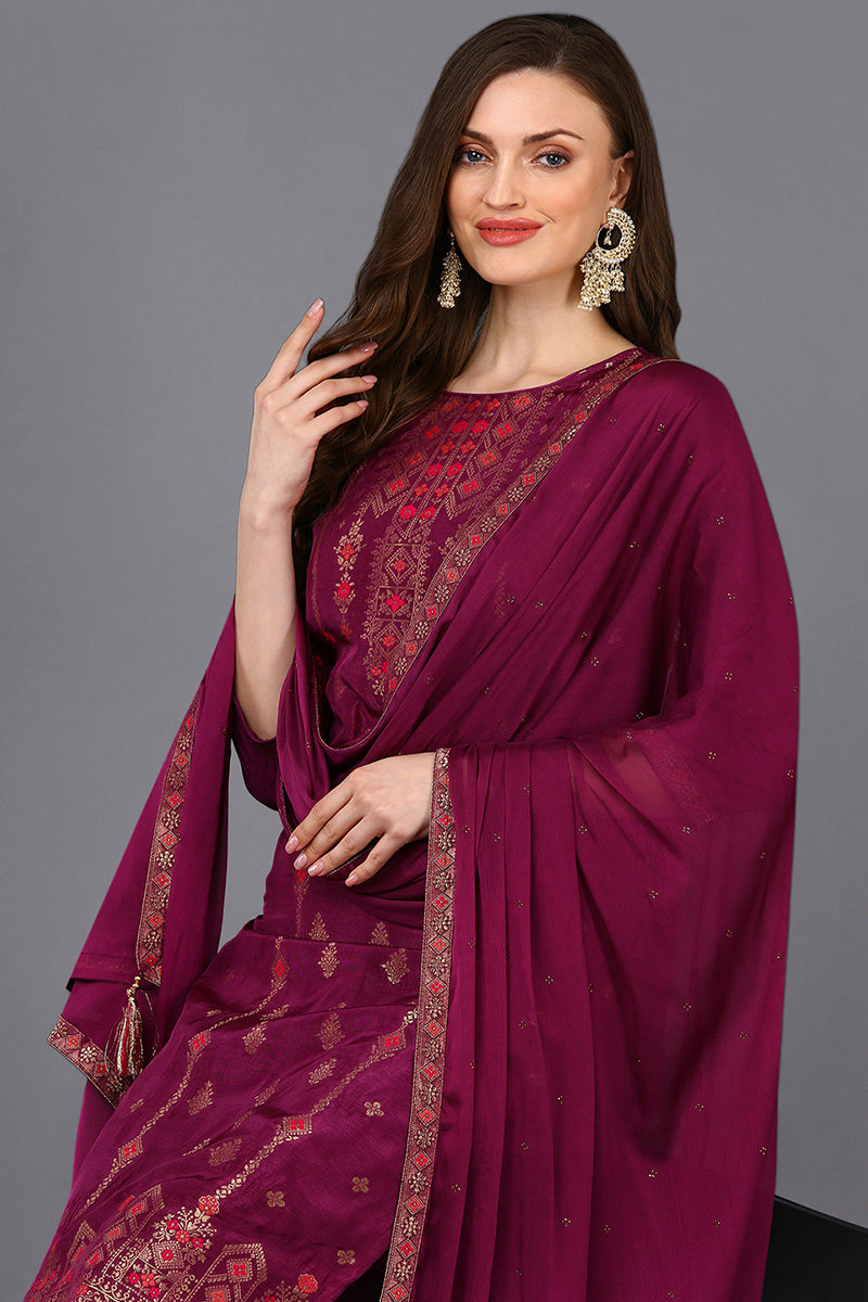 Poly Silk Maroon Embroidered Straight Suit Set PKSKD1779