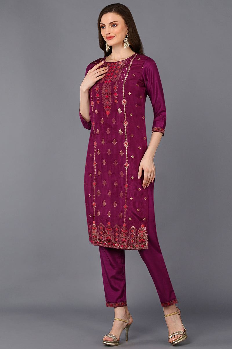 Poly Silk Maroon Embroidered Straight Suit Set PKSKD1779
