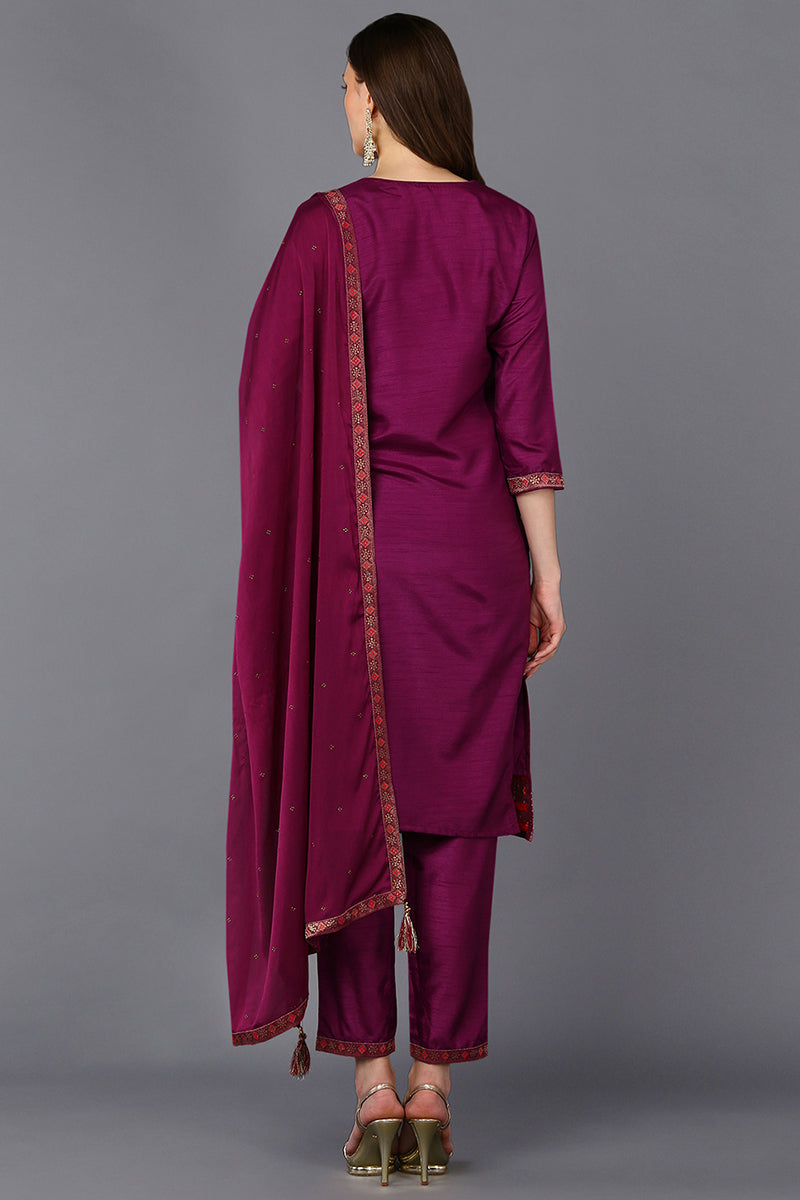 Poly Silk Maroon Embroidered Straight Suit Set PKSKD1779
