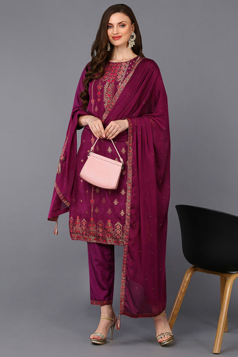 Poly Silk Maroon Embroidered Straight Suit Set PKSKD1779