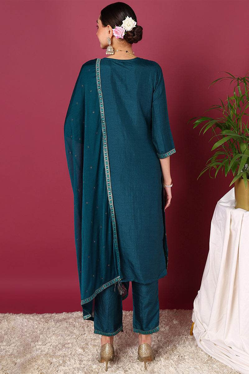 Teal Silk Blend Ethnic Motifs Woven Design Straight Suit Set PKSKD1780