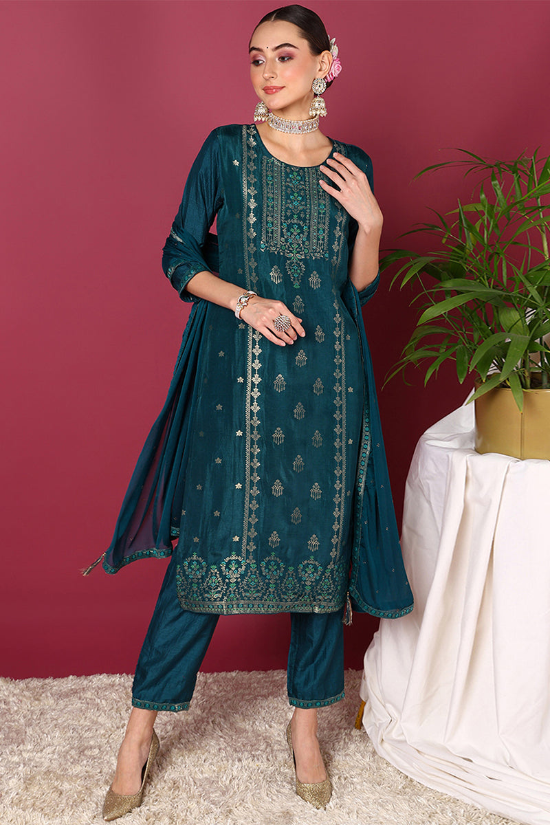 Teal Silk Blend Ethnic Motifs Woven Design Straight Suit Set PKSKD1780