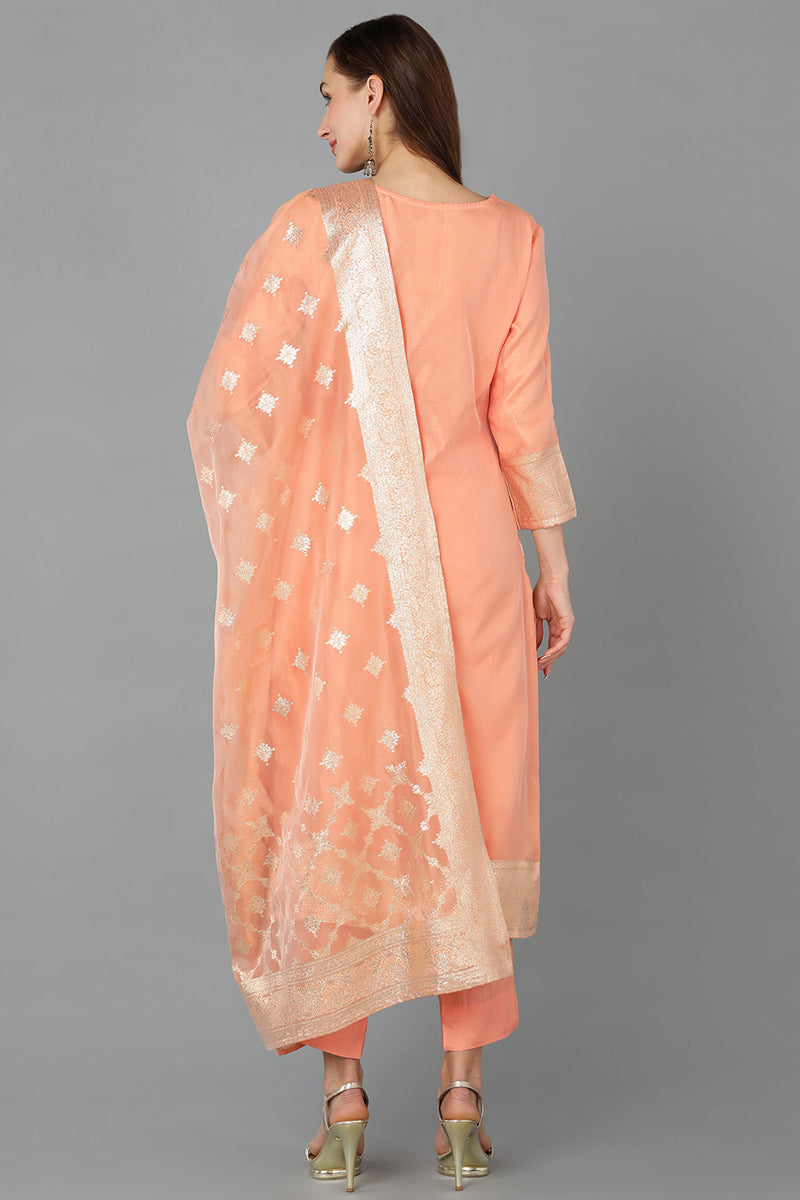 Peach Poly Chanderi Woven Design Kurta Pant With Dupatta PKSKD1782