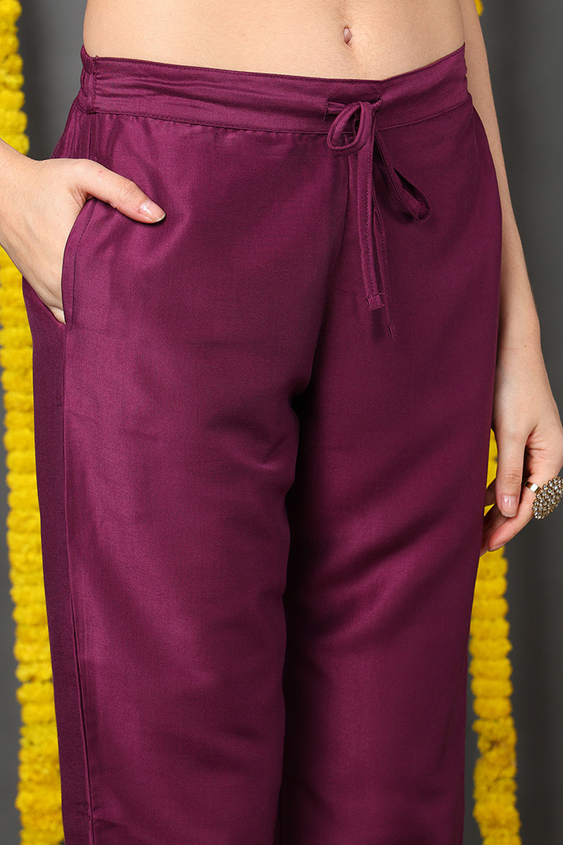 Purple Silk Blend Solid Yoke Design Straight Suit Set PKSKD1787