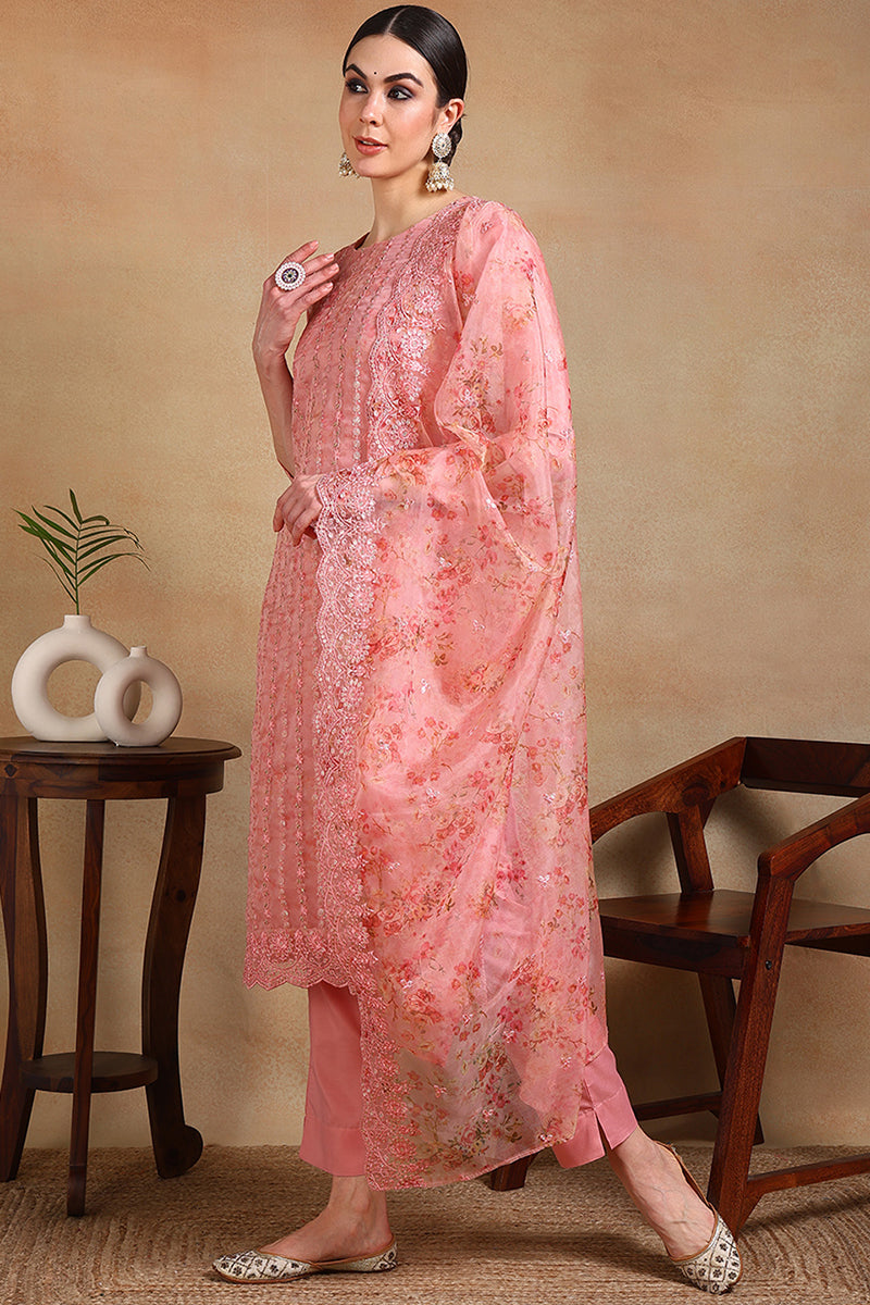 Peach Organza Ethnic Motifs Straight Suit Set PKSKD1795