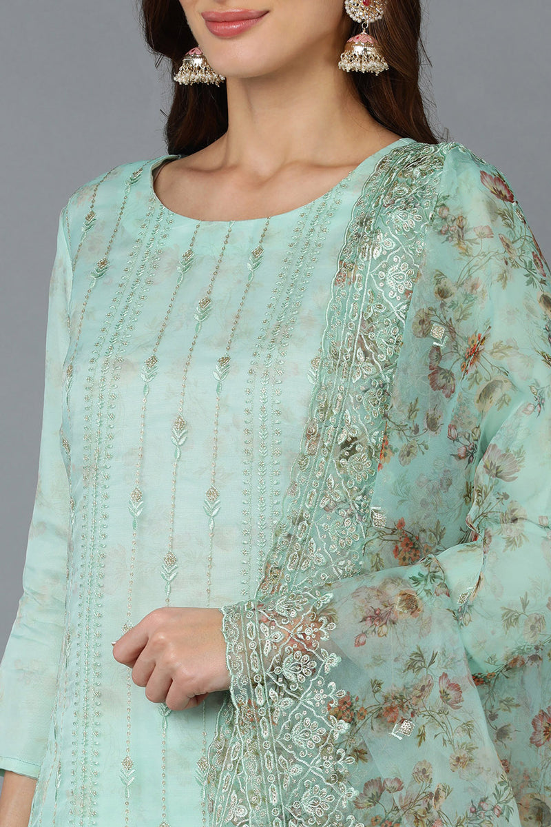 Sea Green Organza Embroidered Kurta Pant With Dupatta PKSKD1796