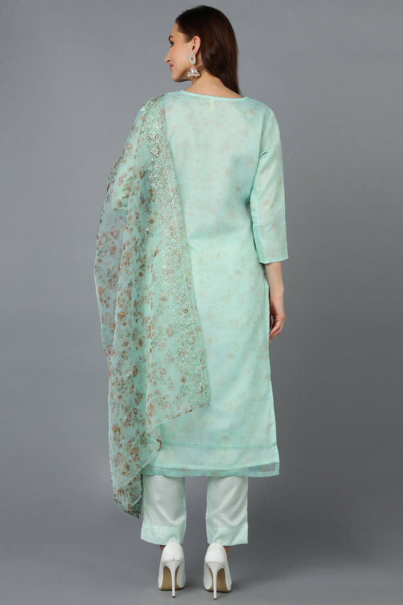 Sea Green Organza Embroidered Kurta Pant With Dupatta PKSKD1796