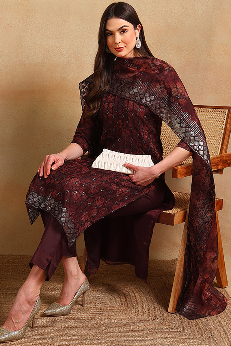 Brown Organza Ethnic Motifs Straight Suit Set PKSKD1798