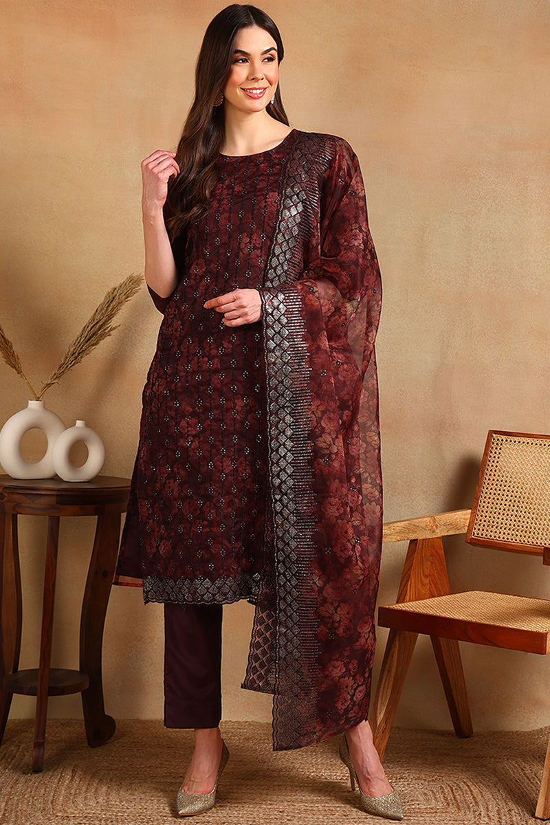 Brown Organza Ethnic Motifs Straight Suit Set PKSKD1798