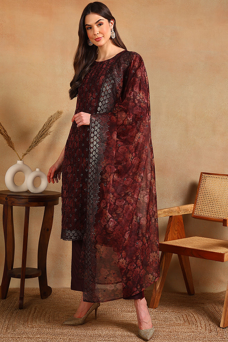 Brown Organza Ethnic Motifs Straight Suit Set PKSKD1798