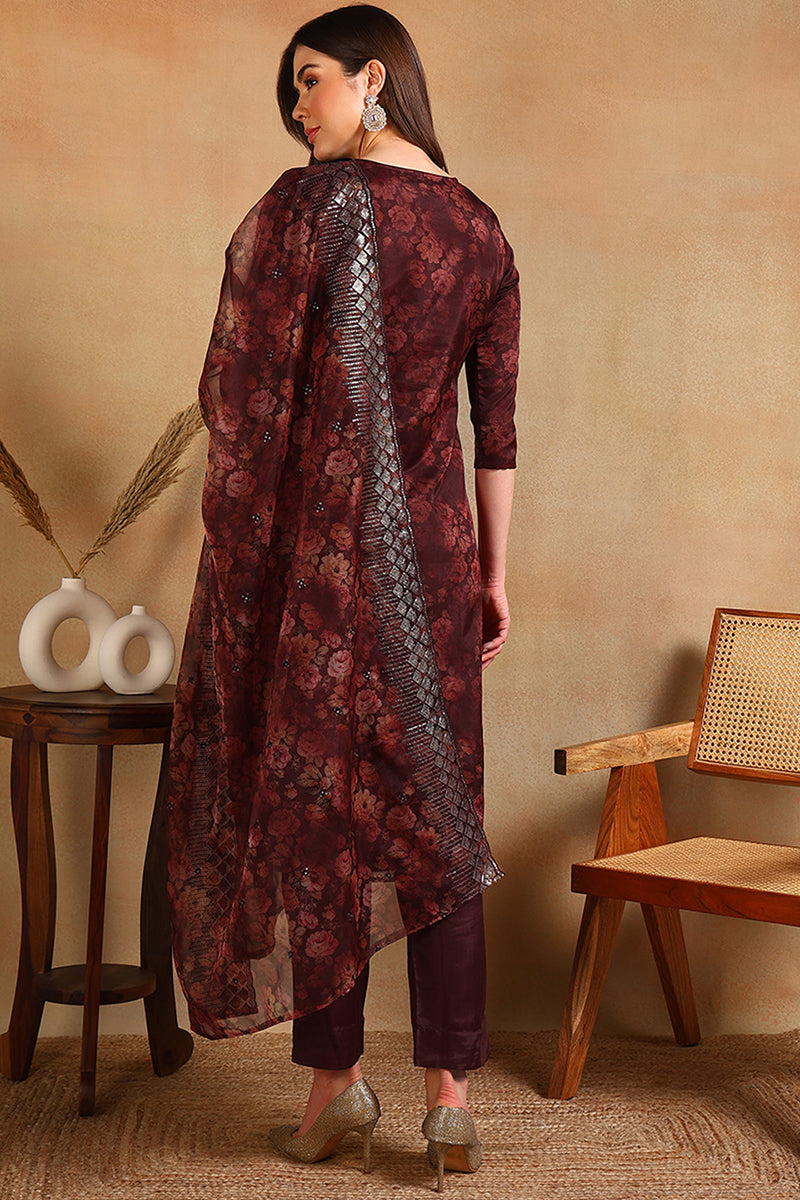 Brown Organza Ethnic Motifs Straight Suit Set PKSKD1798
