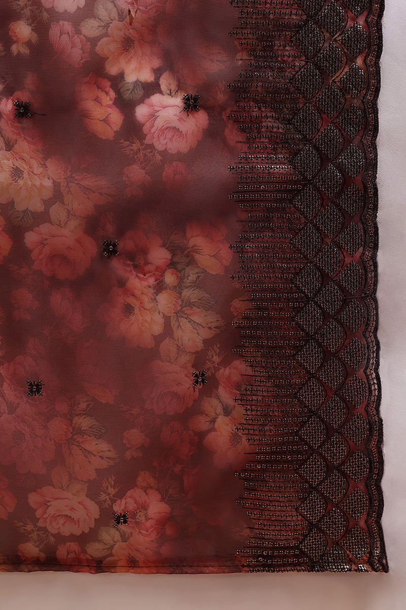 Brown Organza Ethnic Motifs Straight Suit Set PKSKD1798